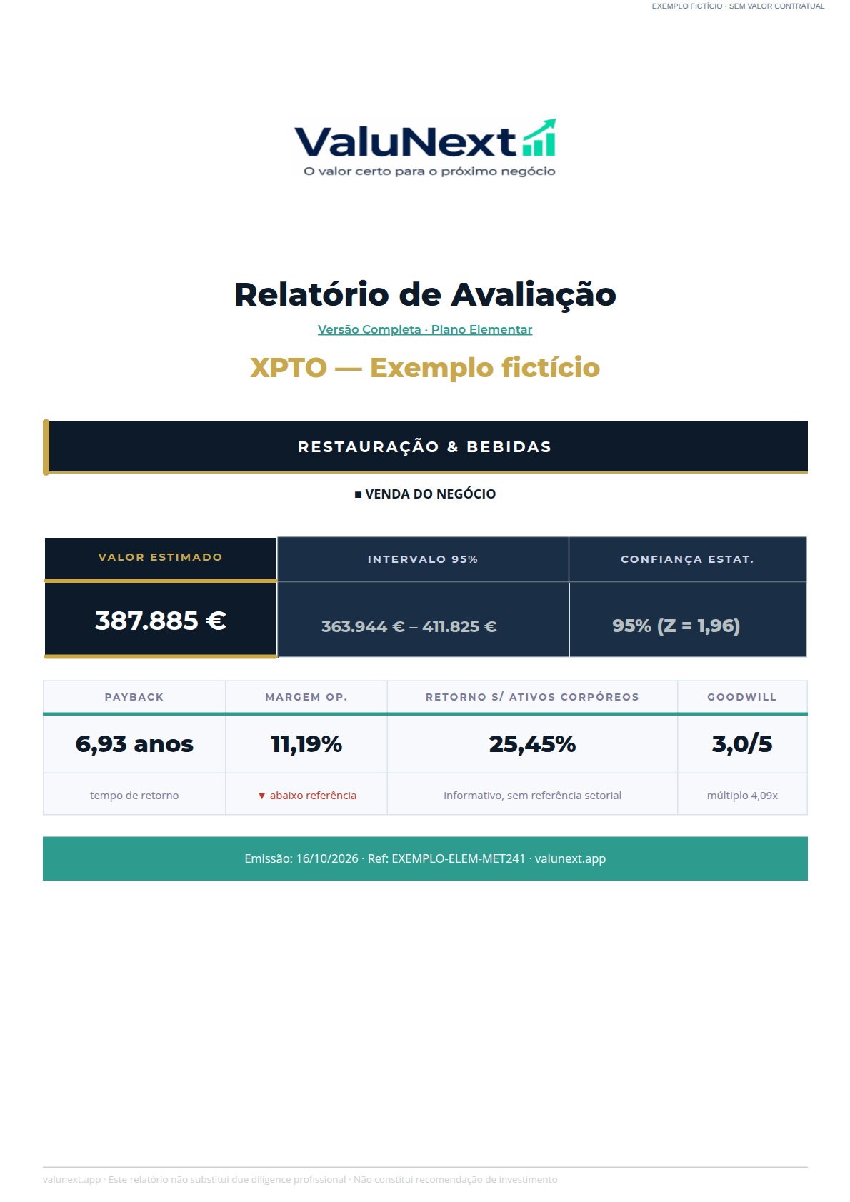 Capa do exemplo fictício de Relatório Elementar