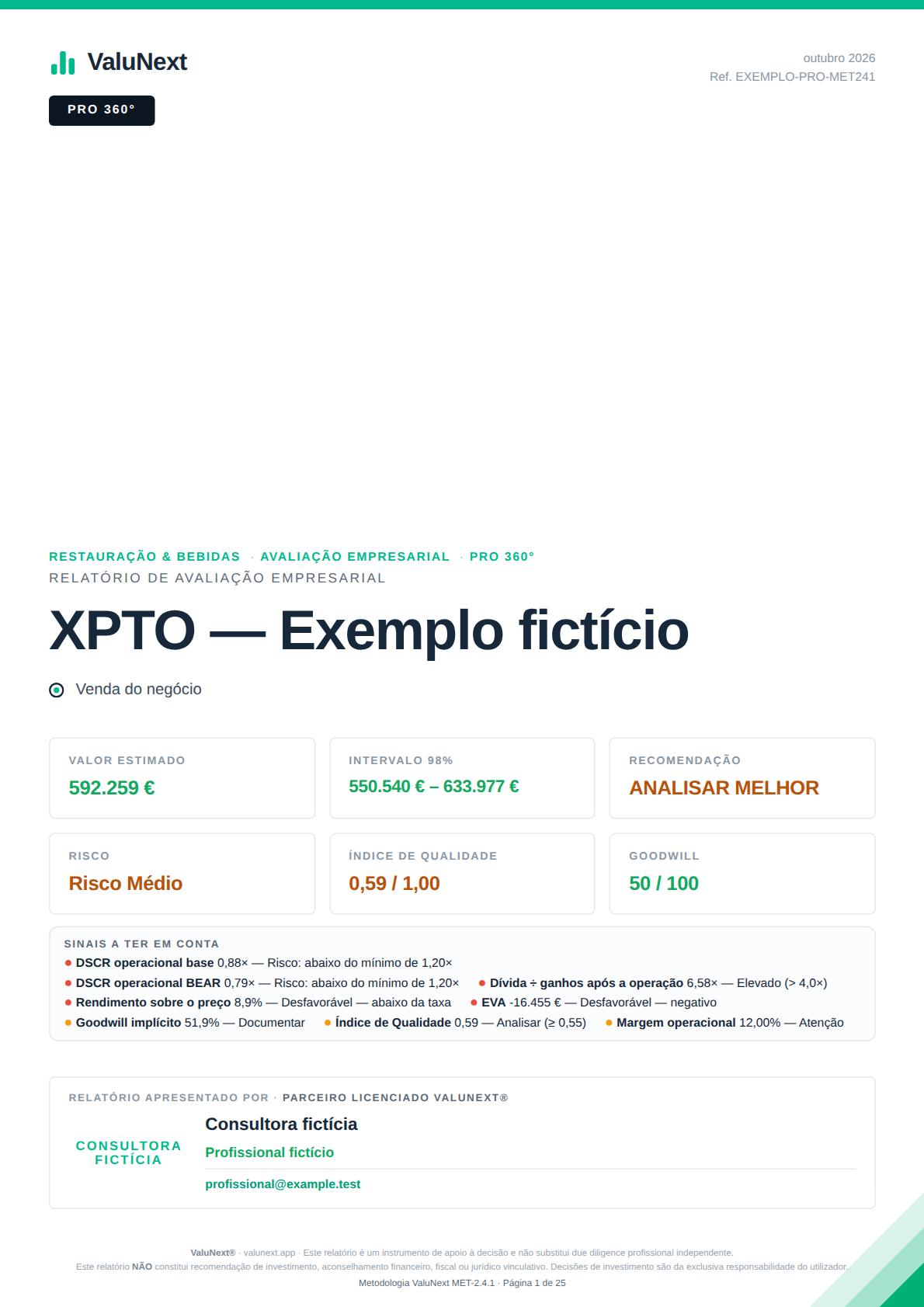 Exemplo de relatório PRO 360: caso fictício XPTO
